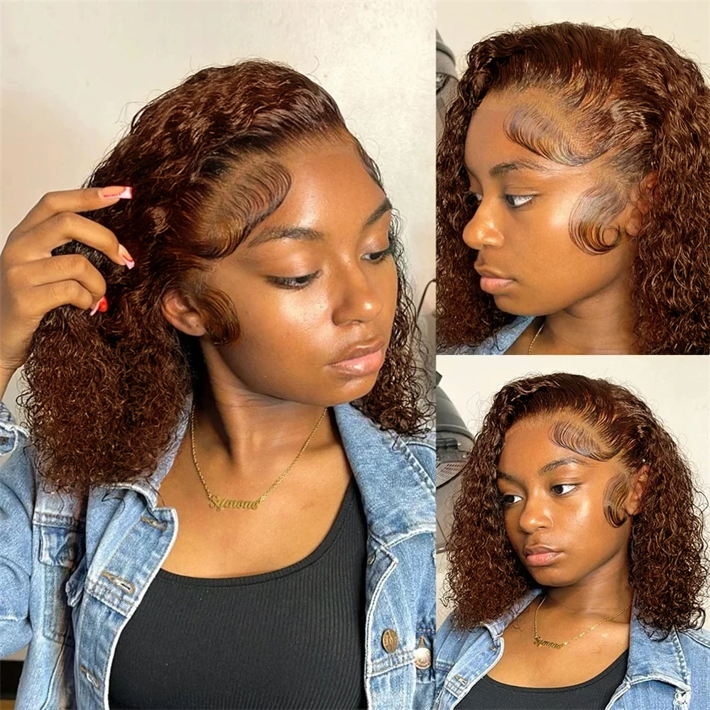 Günstige braune kurze Bob-Perücke 13x4 100 % Echthaar-Spitzenfrontperücke Braune tiefwellige Bob-Perücke aus Echthaar Nr. 4 Bob 180 % Dichte für Damen_voghion.com