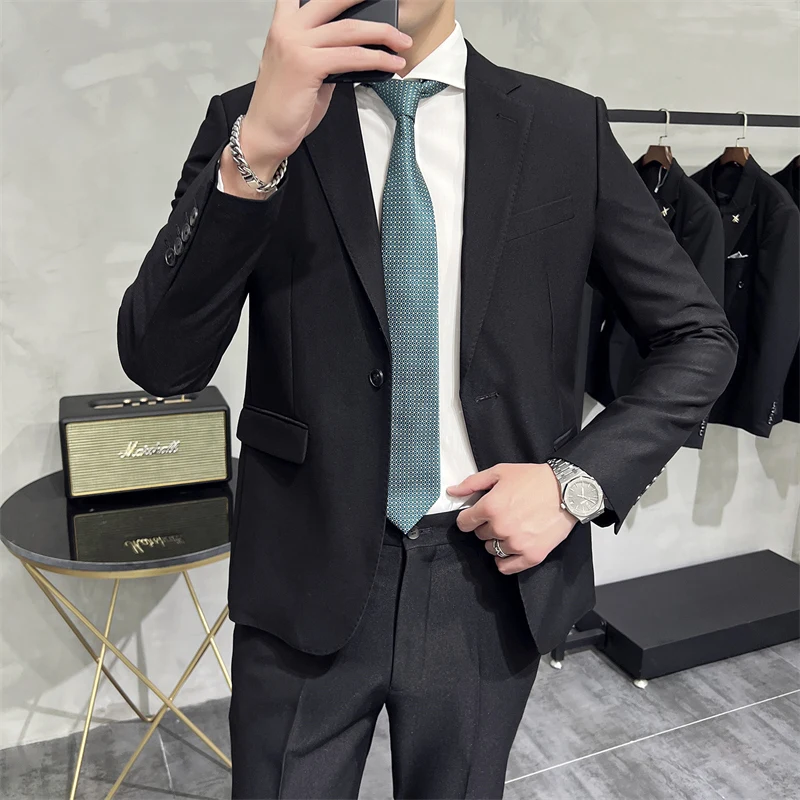 Men formal suit two-piece suit (jacket+pants)solid color fashion business office dress wedding party high-quality two-piece