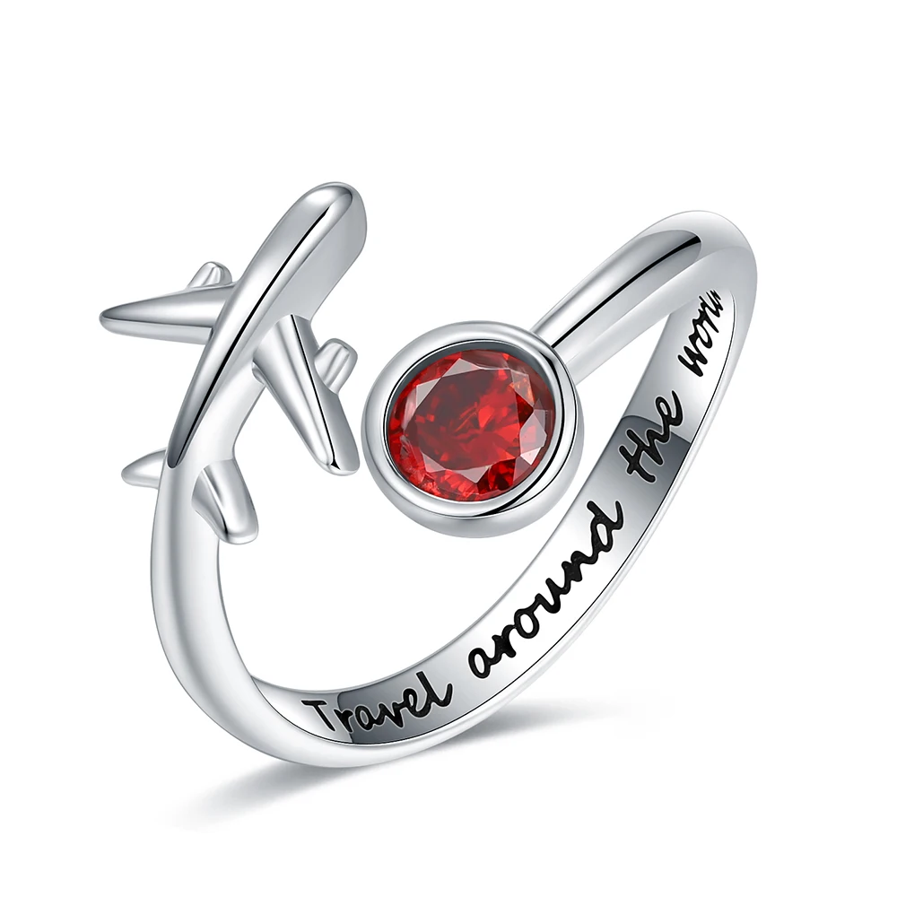 

925 Sterling Silver Adjustable Open Airplane Rings Engraved "Travel Around the Word"Engagement Ring Gifts for Women Teen Girls