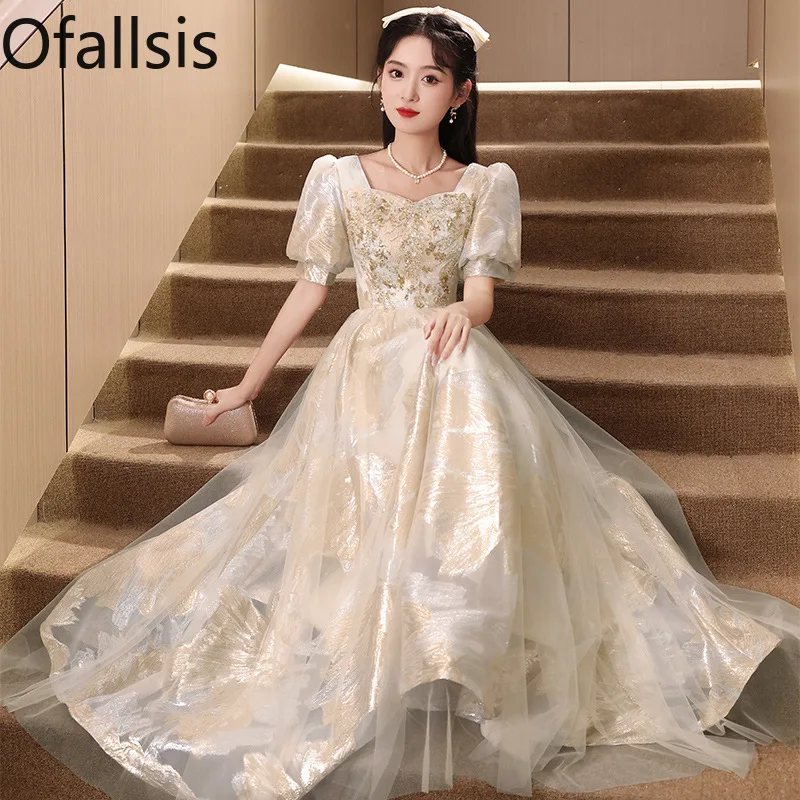 

Ofallsis French Style Square Neck Evening Dress 2024 Summer New Fairy Vintage Luxury Banquet Temperament Champagne Gold Dresses