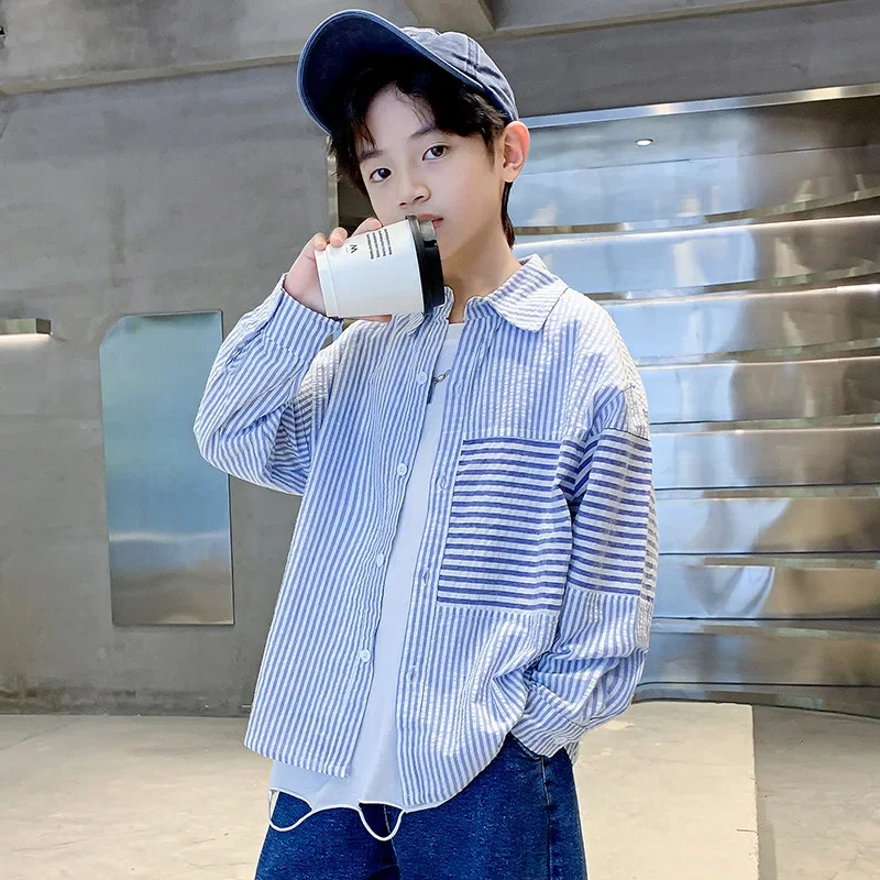 Trendy Boys Spring Autumn Shirt For Children Middle Large Boys Fashion Streetwear Shirt New Style Chinese Traditional Desig
