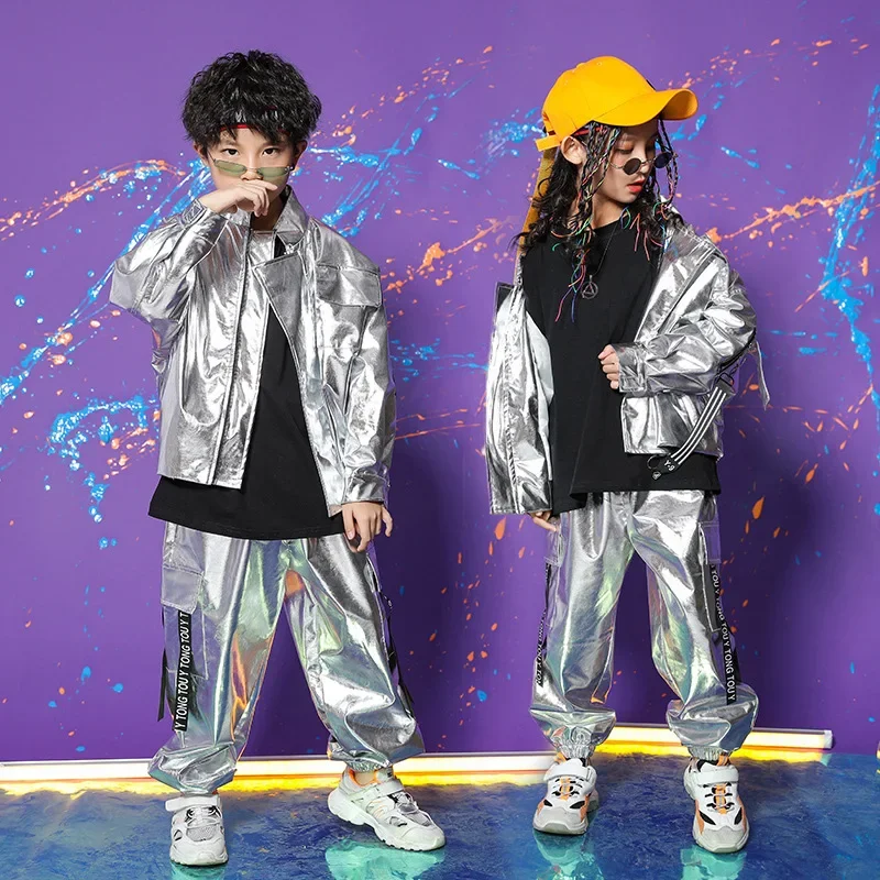 Girls Boys Jazz Dance Costume Children Silver Hip Hop