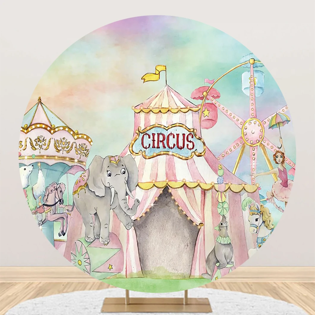 

Laeacco Circus Carnival Theme Round Photography Backdrop Pink Tent Animal Baby Shower Birthday Portrait Customized Background