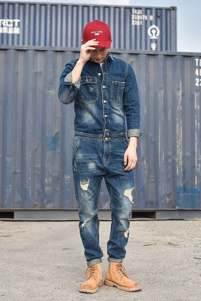 Korean Men Fashion Onesies Suspender Trousers Japanese Retro Casual Jumpsuit Male Slim Denim Jackets Overcoat