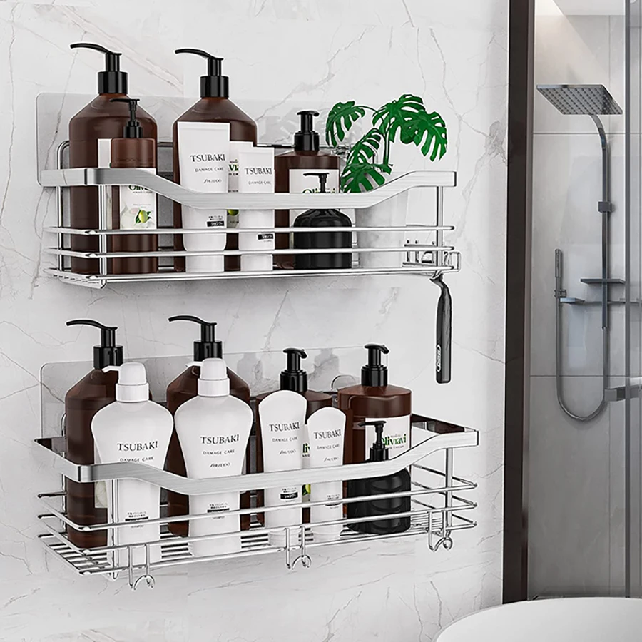 Rustproof Stainless Steel Bathroom Organizer 2 Pcs 5 Hooks Large Capacity No Drilling Bathroom Storage bathroom shelf rack,bathroom storage rack,wall shelf organizer,storage tray