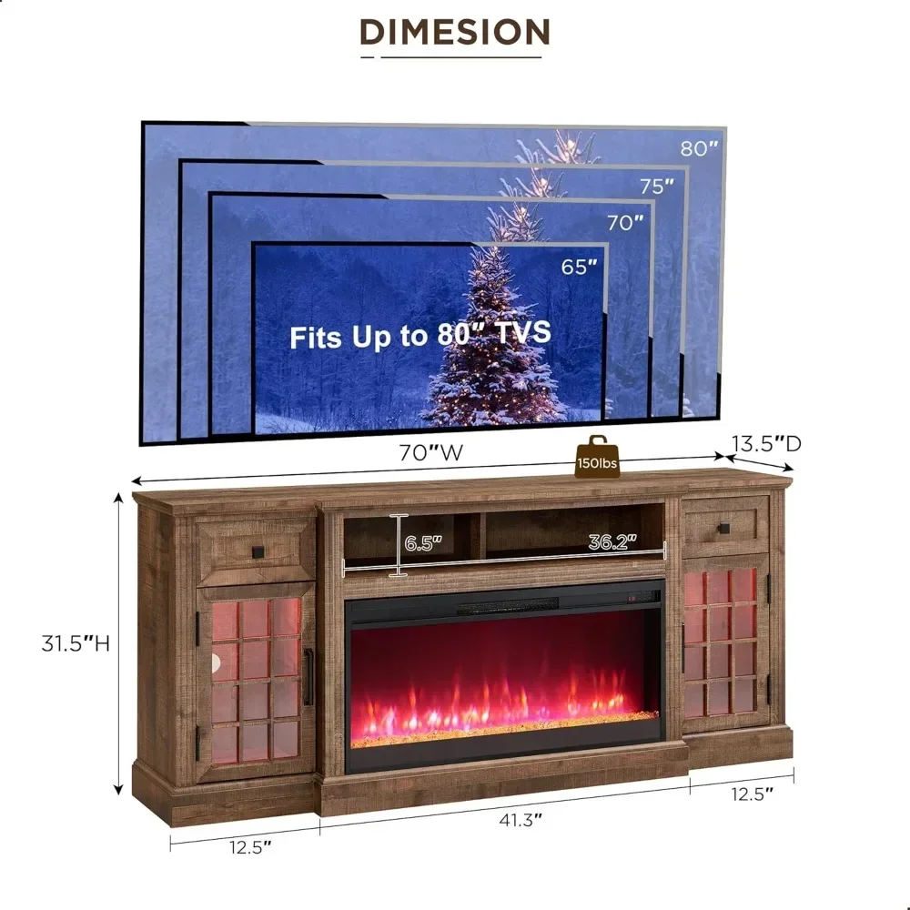Fireplace TV Stand for 80 Inch TV, Farmhouse Entertainment Center w/LED Lights & 36" Electric Fireplace, Large Media Console 2