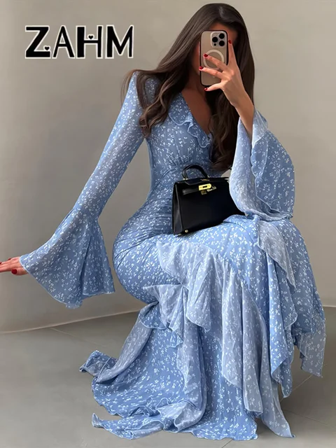 Nouvelle Robe Longue Chic Imprimée pour Femme, Col V, Manches Volantées Évasées, Coupe Slim, Printemps-Été 2026, Idéale pour les Vacances 1