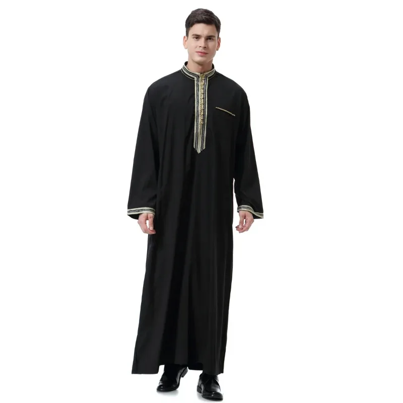 Muslim Men Jubba Thobe Mens Long Dress Islamic Applique Kimono Long Robe Saudi Musulman Wear Abaya Caftan Dubai Arab Dress 2024