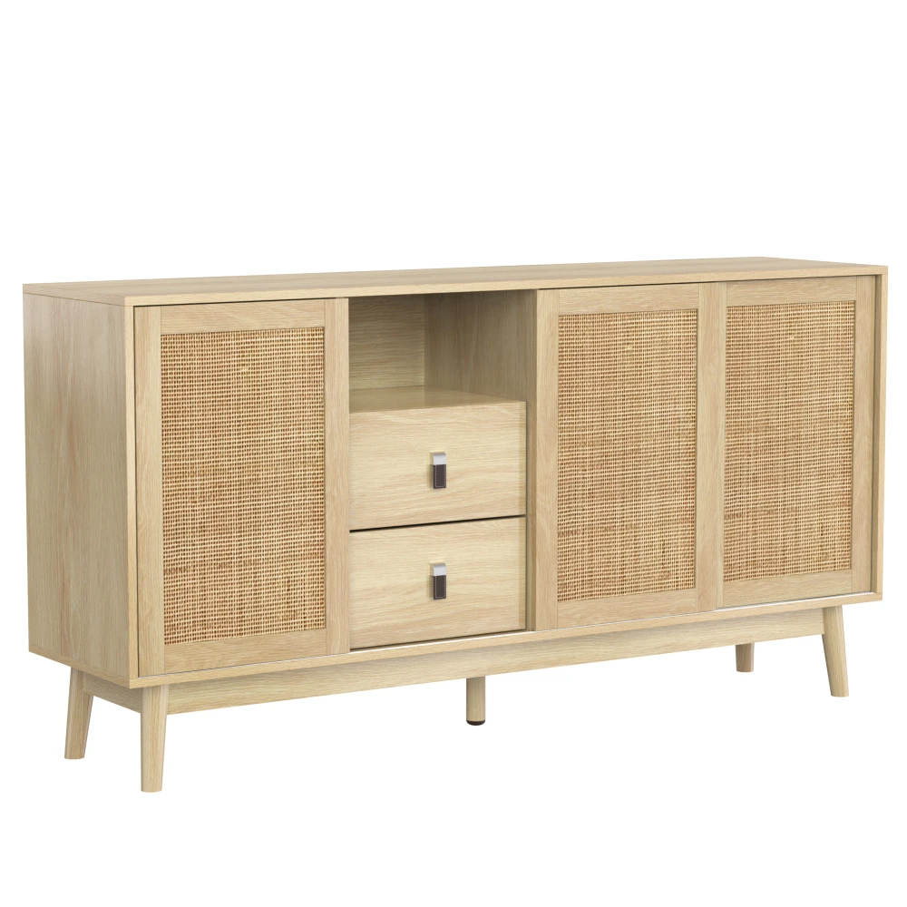 Sideboard im Rattan-Stil – 3 Rattan-Schiebetüren und Schubladen, 155 x 38 x 80 cm, atmungsaktive, vielseitige Aufbewahrung für Wohnzimmer/Esszimmer – Detail 23