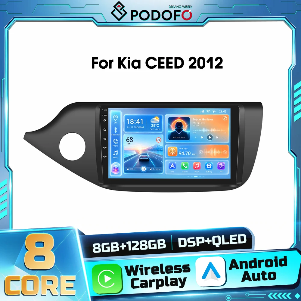 Radio Multimedia para Auto Android Podofo 8core 8+128G 2din para Kia CEED 2012 con Navegación GPS, Carplay, Android Auto, WIFI, DSP, FM, RDS, Bluetooth 1