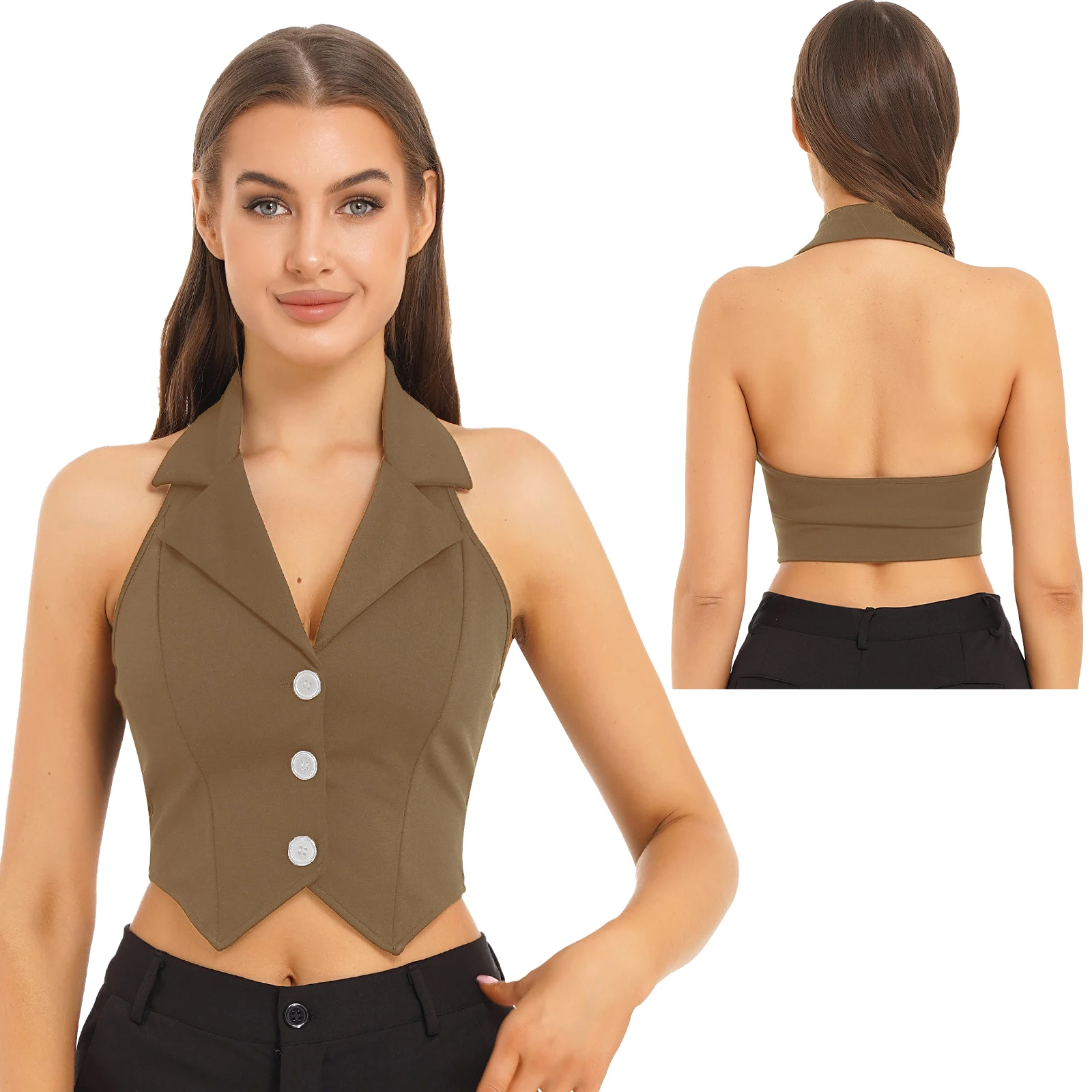 thumbnail image 1 of Chaleco con botones y dobladillo puntiagudo para mujer, Tops cortos de Color sólido, camisetas sin mangas con cuello Halter y espalda descubierta, chaquetas de esmoquin, 1 of 5