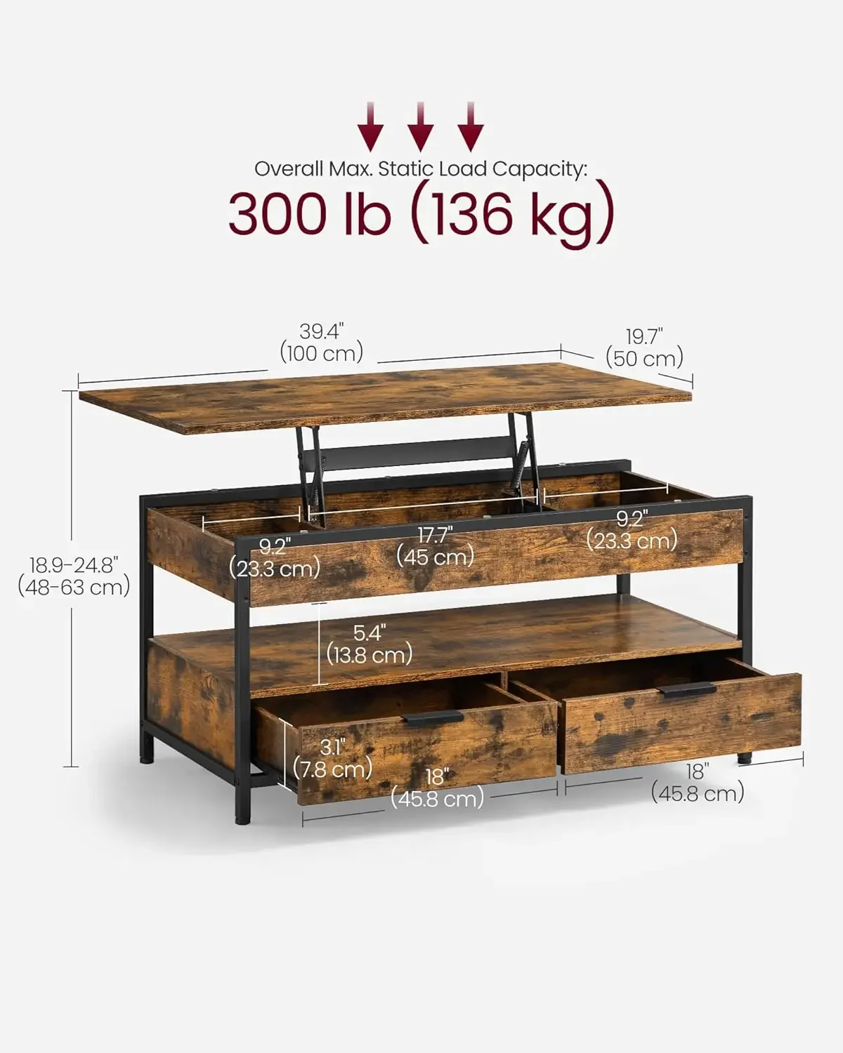 Lift Top Coffee Table with Storage Drawers, Coffee Table for Living Room with Lifting Top, Hidden Compartments and Open Shelf 3
