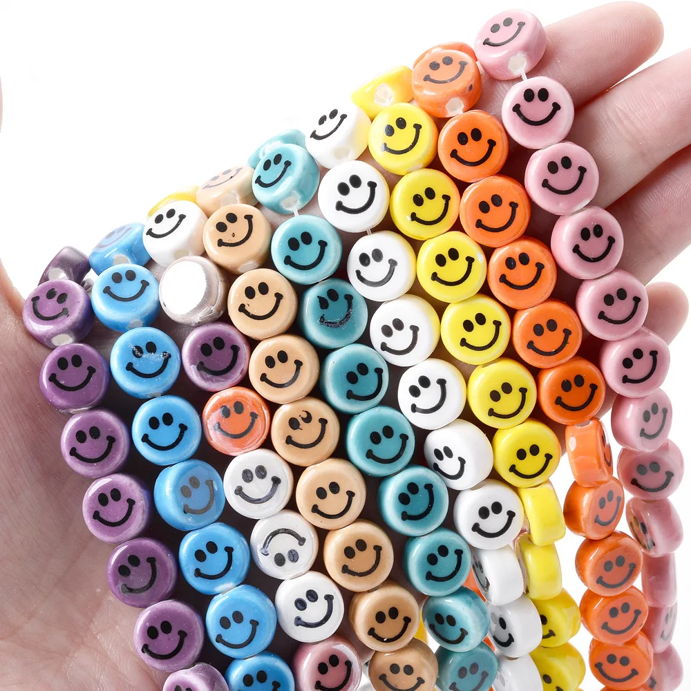 10mm Black Multicolored Smiley Face Round Beads, Multicolored