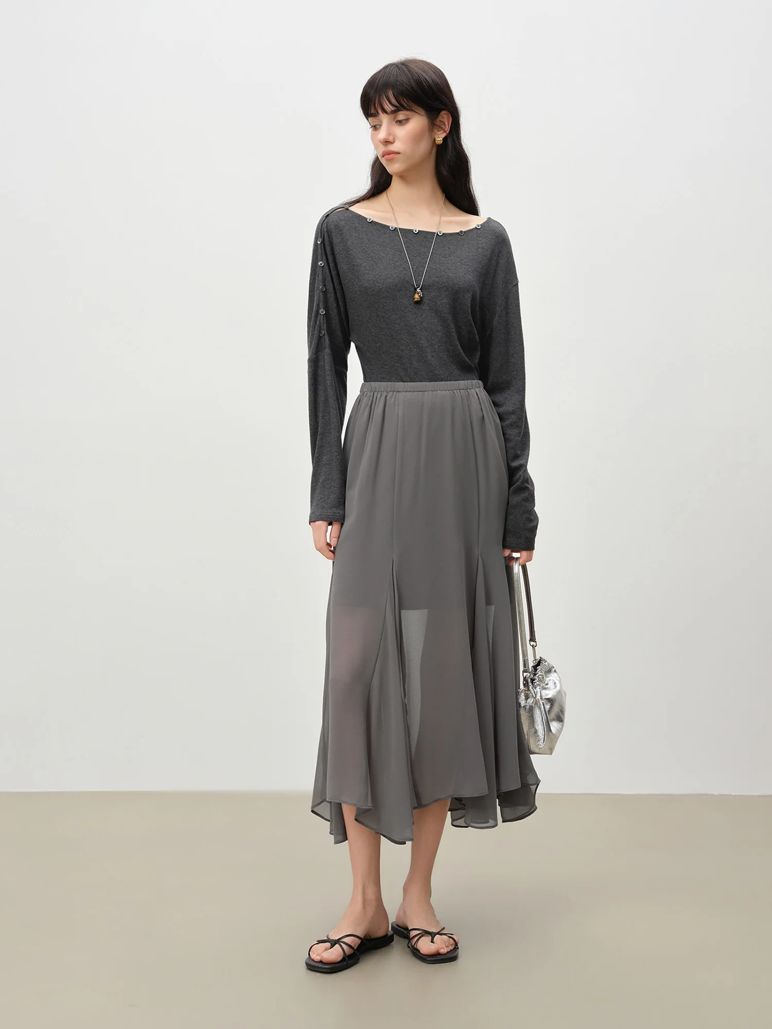 ZIQIAO Design-Forward Asymmetrical Drape Women Chiffon Skirt Spring 2026 New Arrival Soft Elegance Long Skirt Elastic Waistband