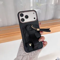 Luxury Leather Wrist Strap Phone Case Wallet with Card Holder and Bag Cover - iPhone 15 Plus (Black)