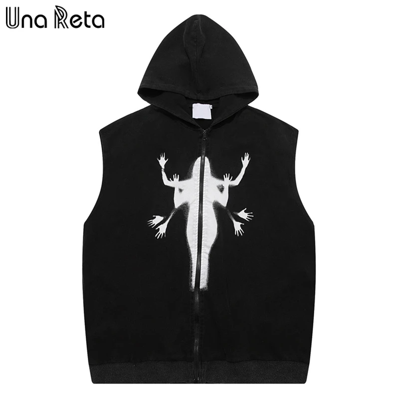 

Una Reta Hip Hop Print Men's Vest Spring Summer Men Clothing Couple Zipper Vest With Hooded Streetwear Sleeveless Hoodies