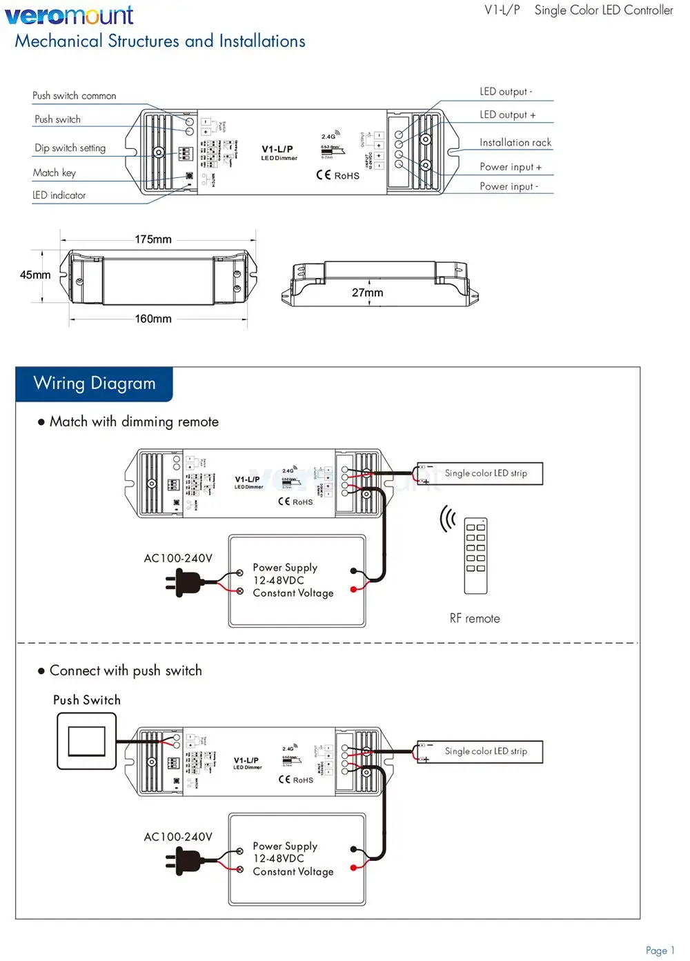 Skydance V1-L/P 1CH * 15A 12V-48V DC CV контроллер 2,4G RF + Push-Dim PWM 250 Гц/500 Гц/2 кГц/8 кГц для одноцветной светодиодной ленты светильник