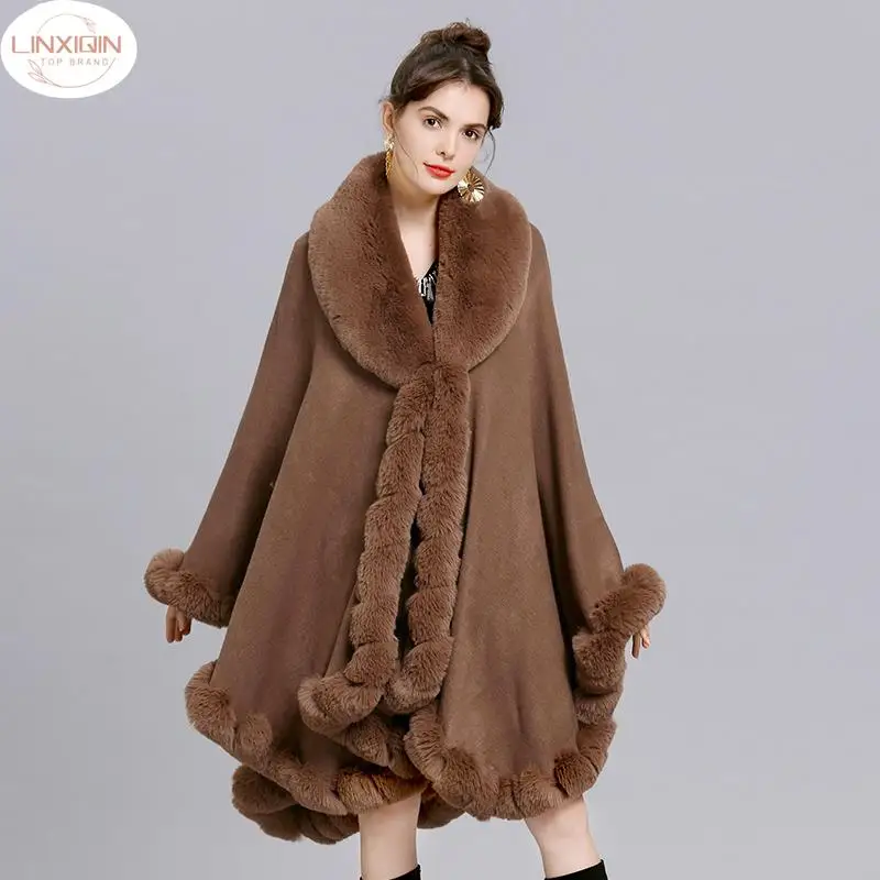 

Elegant V Lapel Faux Rex Rabbit Fur Coat Cape Winter Women Big Long Shawl Full Trim Fur Knit Cloak Overcoat Parka 2024