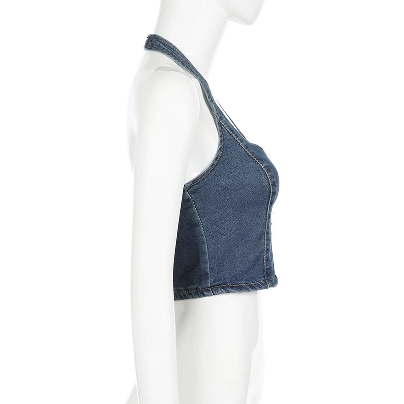 Embroidery Butterfly Women Halter Denim Tank Top Fashion Street Y2K Sleeveless Vest Backless Sexy Fitted Cropped Top