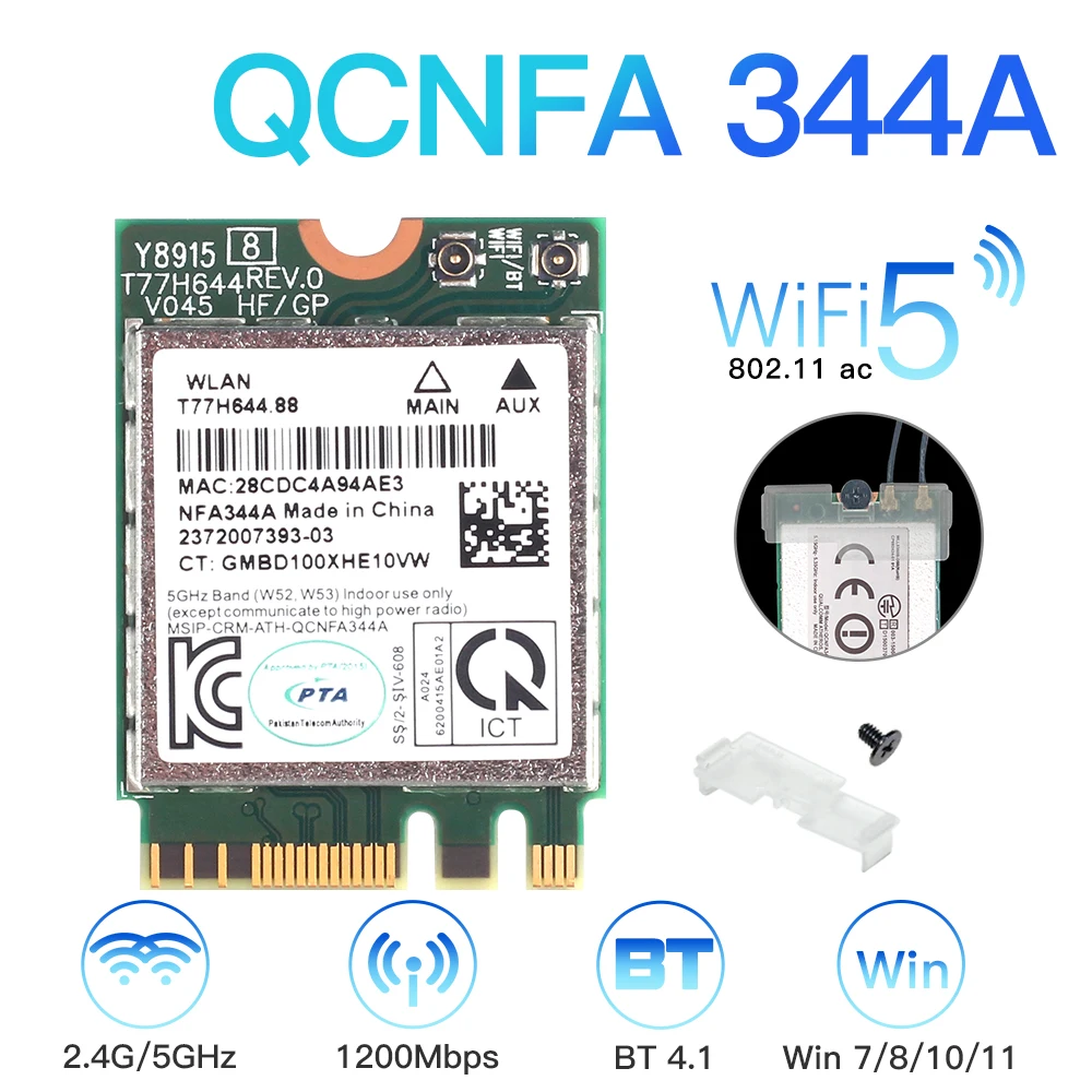 Dual Band QCNFA344A 867Mbps 802.11AC per Bluetooth 4.1 WLAN Wireless WiFi Card Qualcomm Atheros QCNFA344A wi-fi NGFF M.2 Card