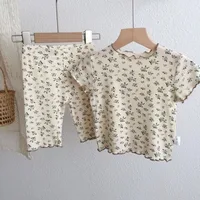 Short Sleeve Round Neck Flower Printed T-shirt Top+Pants 2 Piece Set Kids Casual Home Clothes 2