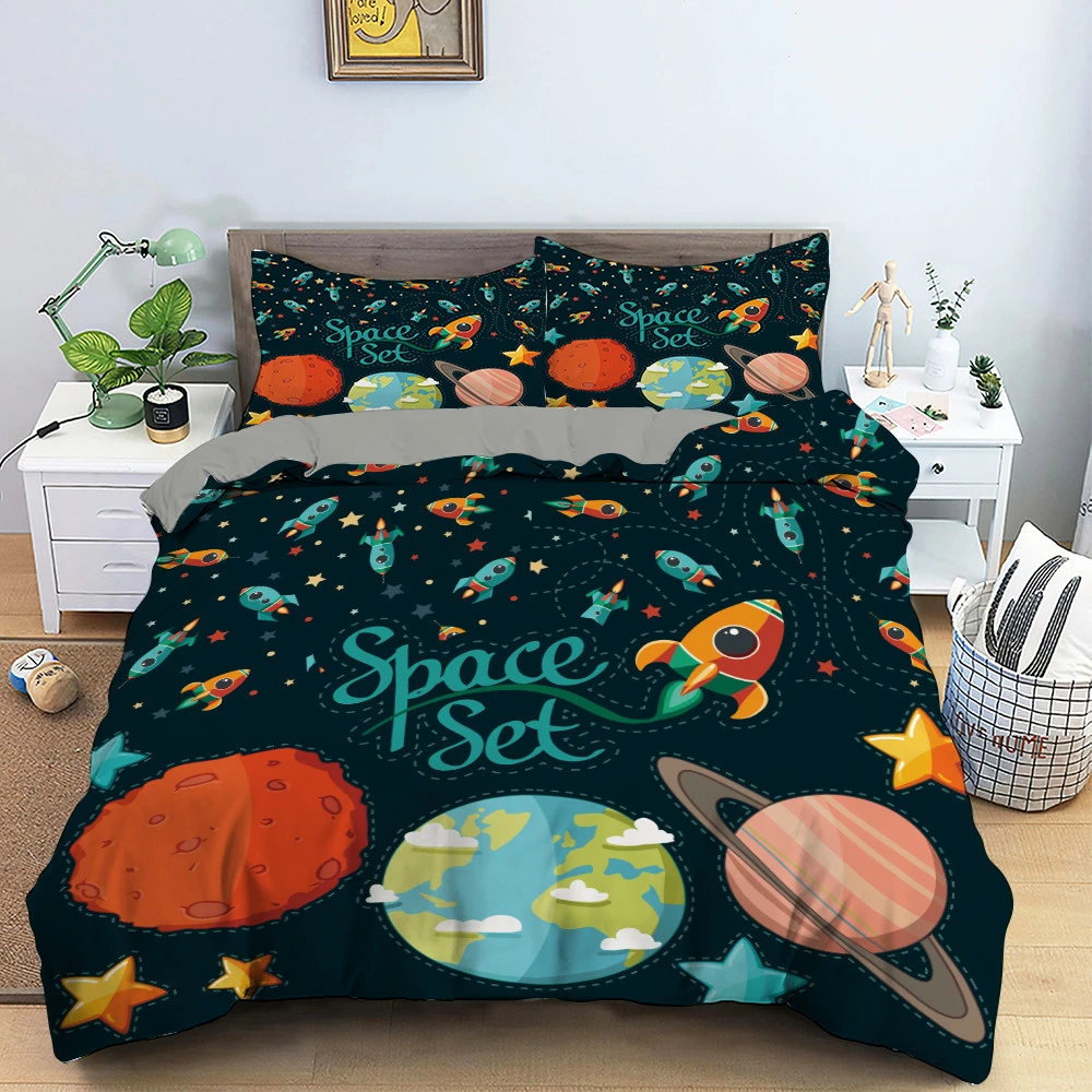 Cartoon Planet Bedding Sets Space, Rocket and Stars Duvet Cover with Pillowcase Kids Comforter Cover Single Double Home Bed Set oversized king comforter