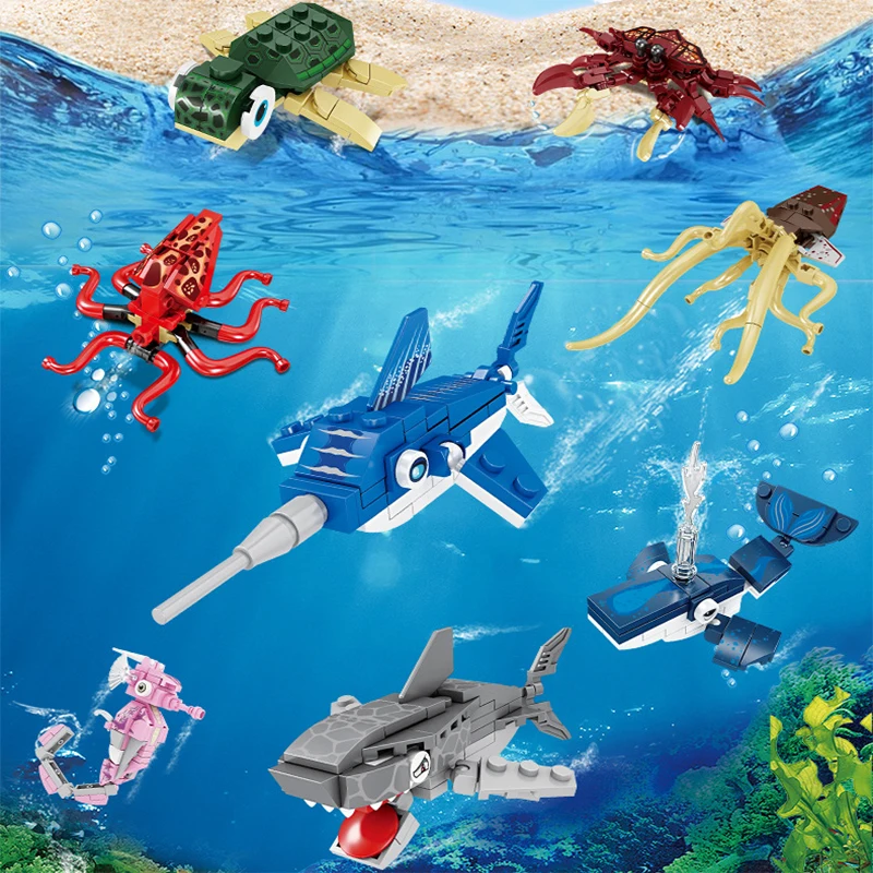 

Ocean Animal Marine Life Model Building Blocks Octopus Crab Cuttlefish Seahorse Turtle Bricks Fish Bule Whale Shark Cartoon Sets