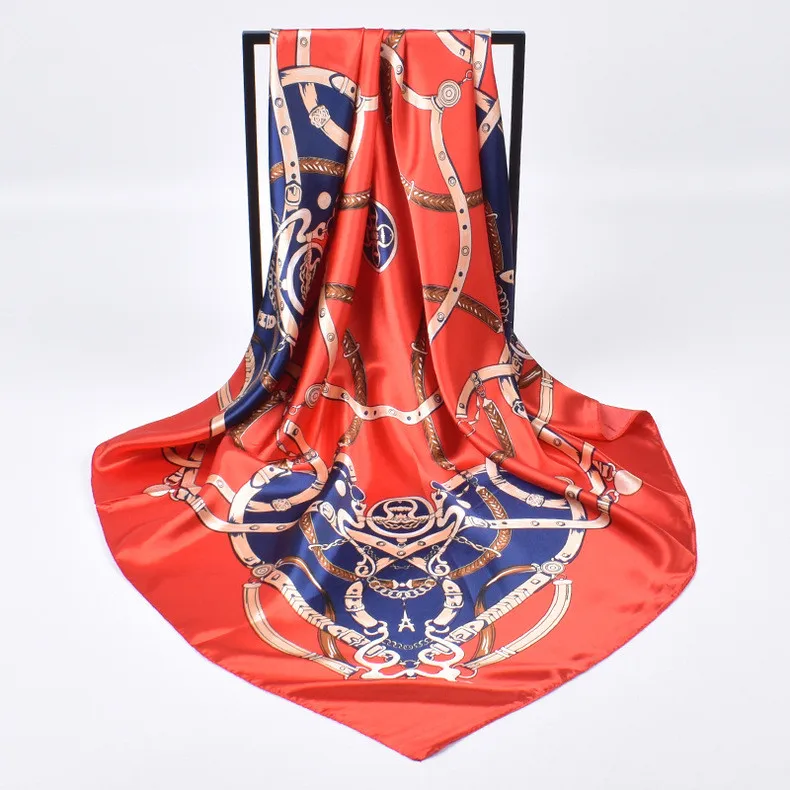 Modisches Kopftuch mit Kettenmuster für Damen, Seidenschal, Haarband, Bandana, Kopftücher, 90*90cm, quadratischer Hijab-Schal für Damen – Detail 10