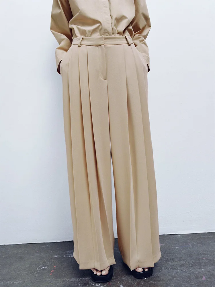 

Office Elegant Work Wear High Waist Pants For Women 2023 Normcore Minimalist Front Pleated Loose Wide Leg Pants Ladies Trousers