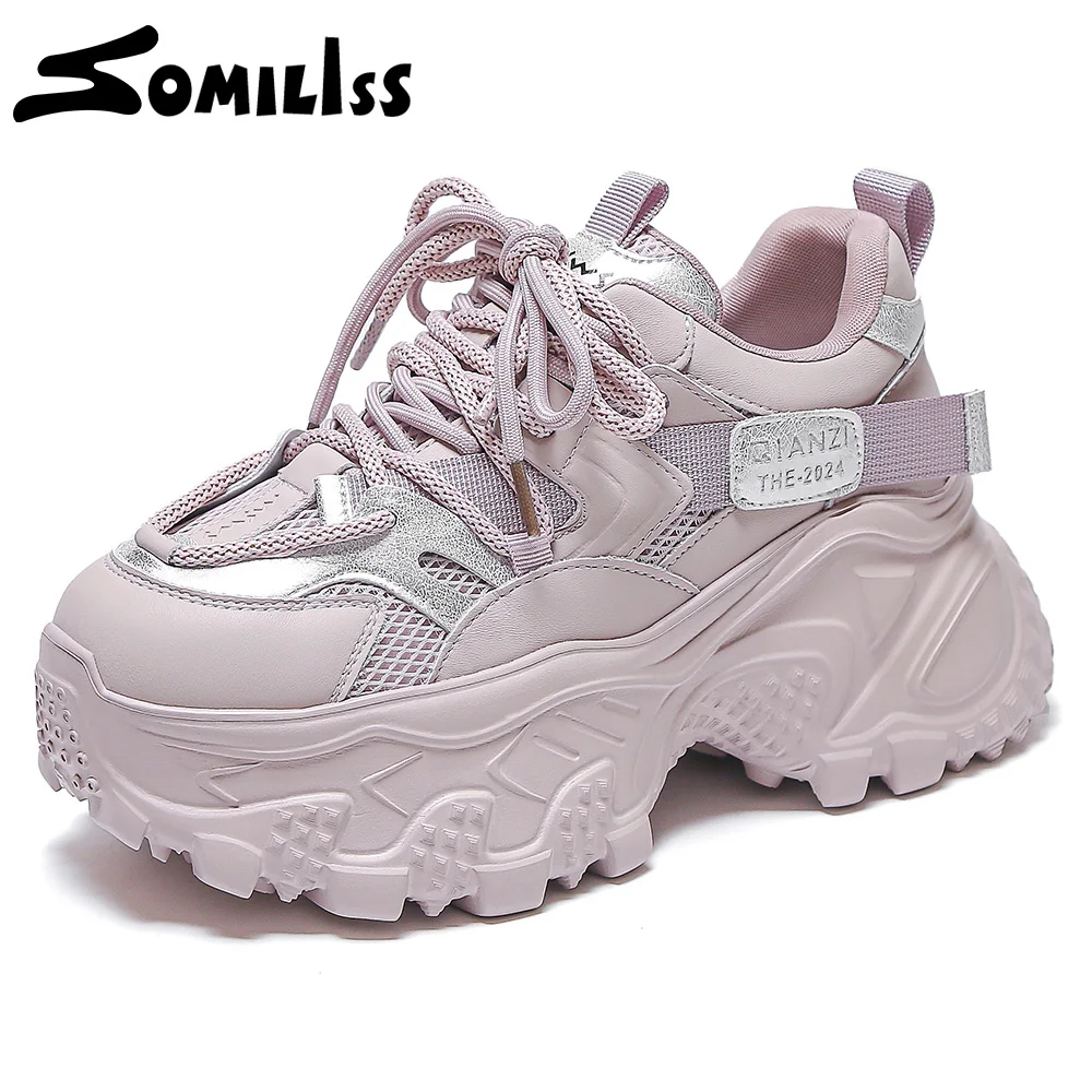 

SOMILISS Chunky Shoes for Women Microfiber Leather Mesh Patchwork Lace Up Spring Summer Fashion Casual Non Slip Platform Sneaker
