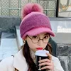 Winter Warm Baseball Cap Women Thick Warm Fuzzy Knit Beanie Cap with Visor Bill Cute Pompom Cold Weather Windproof Baseball Hat 2