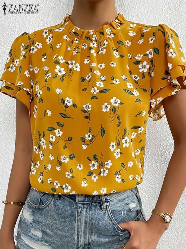 

ZANZEA Fashion Floral Printed Tops Summer Women Stand Collar Short Sleeve Blouse Bohemian Beach Holiday Tops Work Blusas Mujer