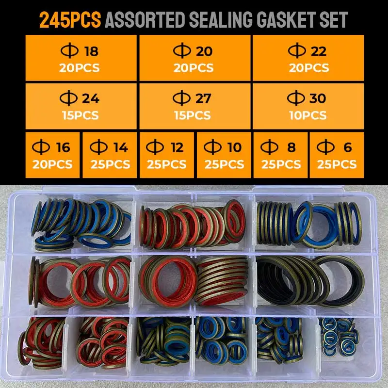 Pousbo100pcs245pcsAssortedSealingGasketSetHighPressHydralicRubberOilPipeSealGasket