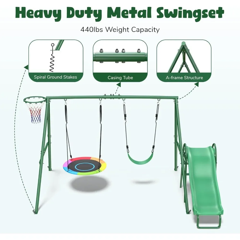 440 Pound Backyard Swing Set with Slide, Children's Outdoor Amusement Park, Heavy Metal Toys, UFO Swing, Belt Swing