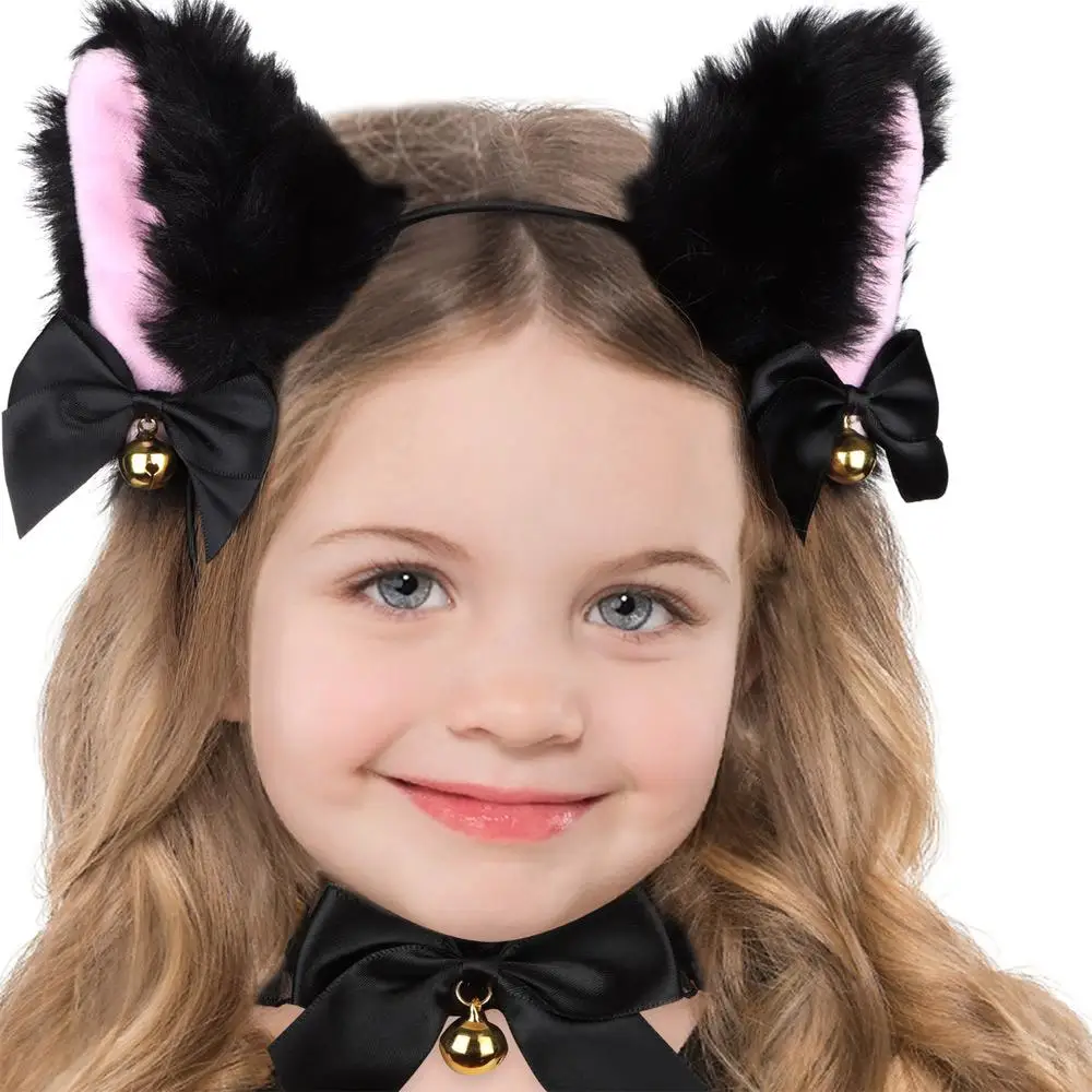 

2 Pcs Plush Cat Ear Headband Make Up Fancy Dress With Bells Cosplay Hairband Cute Furry Cat Ears Bells Necklace Costume Party
