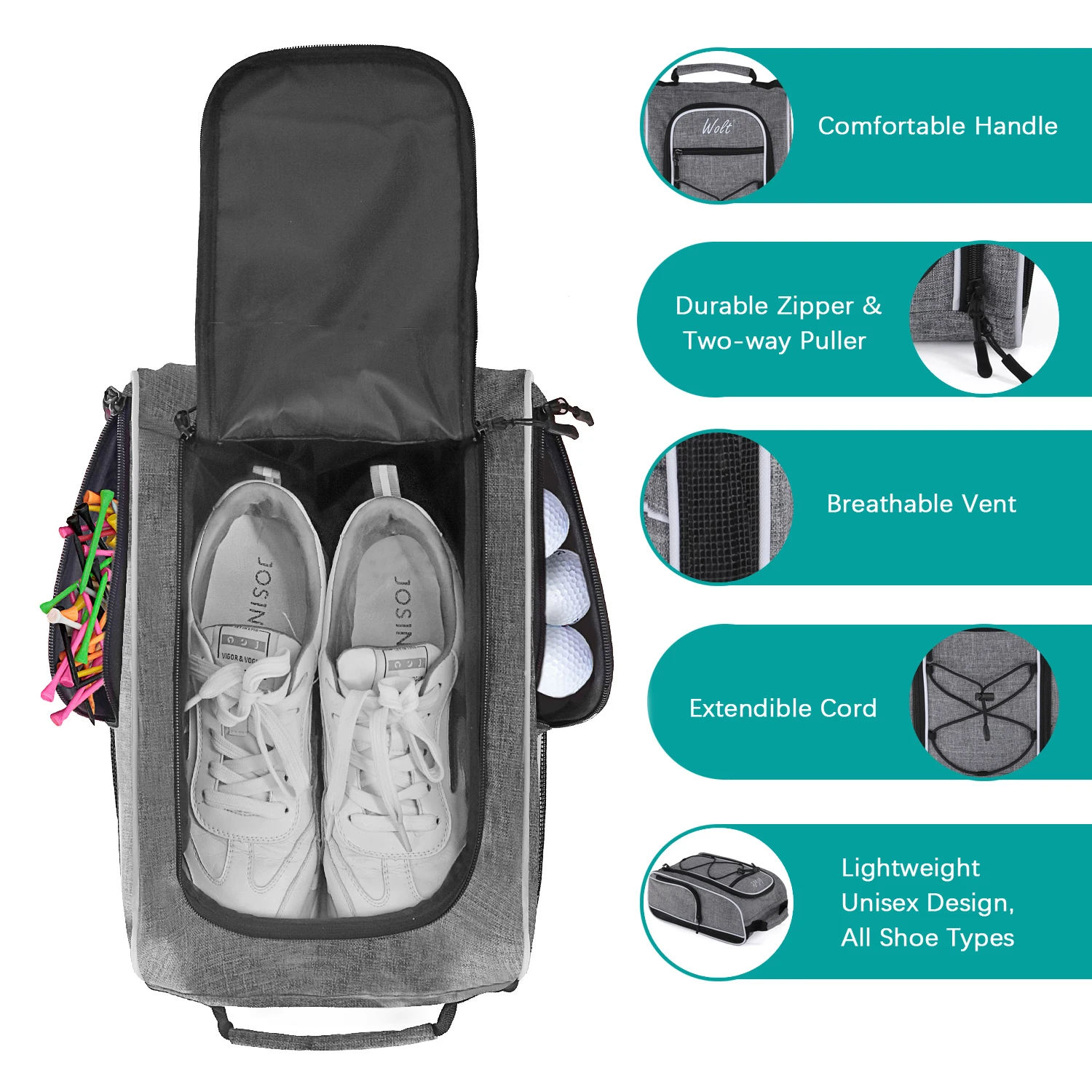 Wolt Golf Shoe Bag - Sports & Travel Shoes Carrier Bags with Ventilation & Double Outside Accessory Pocket for Socks, Tees, Golf