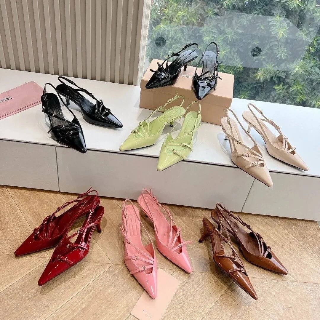 

Designer Narrow Band Buckle Strap Pumps Women Sexy Pointed Toe Thin Heels Wedding Banquet Dress Mule Ladies Shoes