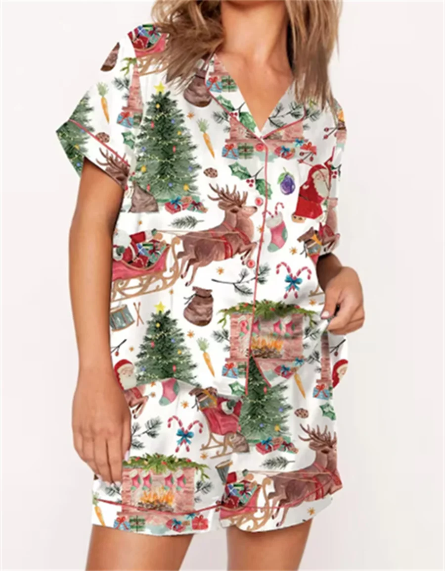 thumbnail image 1 of Conjunto de pijama navideño para mujer 2024, camisa de manga corta con botones y pantalones cortos con estampado de cascanueces, ropa de dormir de 2 piezas para estar en casa, 1 of 4