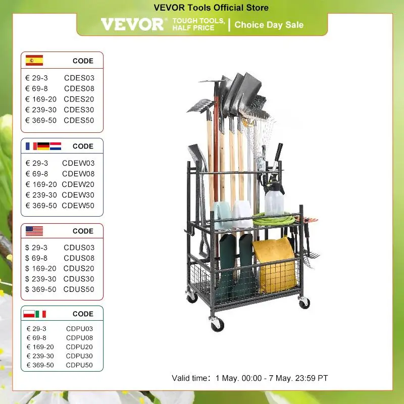 

VEVOR 16 Slots Garden Tool Organizer Yard Tool Tower Rack with Hooks Wheels Long-Handled Rake Stand Holder for Garage Storage