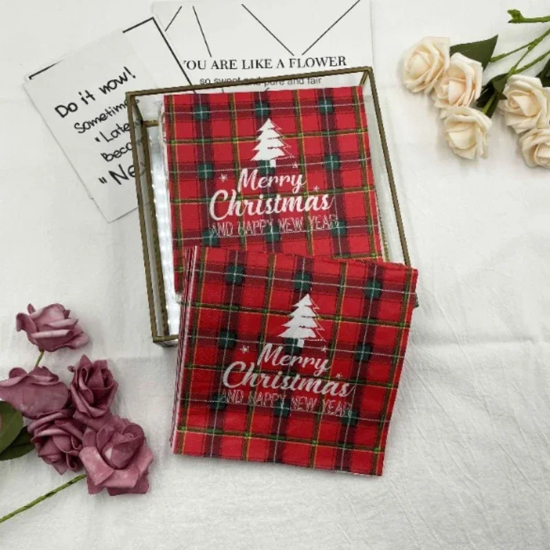 20pcs Disposable Napkins Colourful Printed Napkins Red Christmas Plaid Christmas Tree 2 Layers Restaurant Party Decoration Paper
