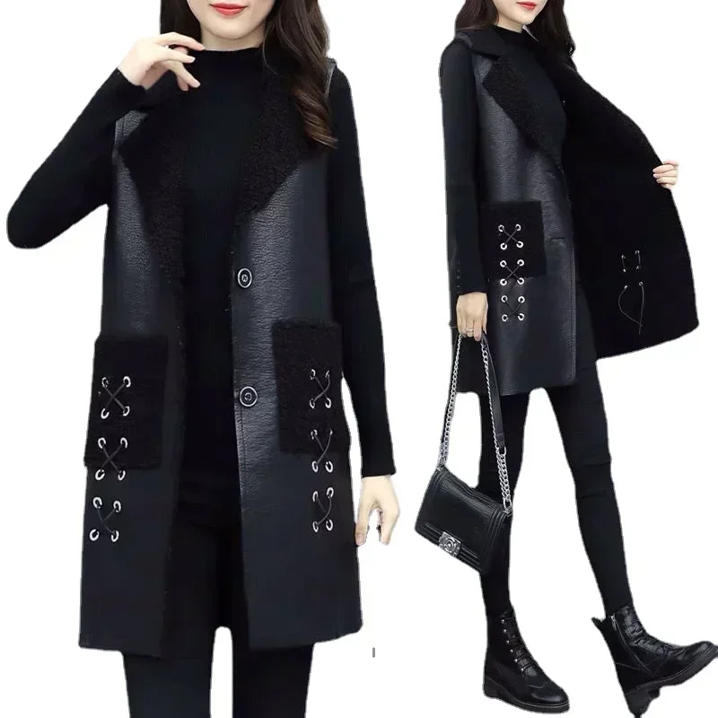 Winter wool Leather Vest Women's Clothing 2025 PU Jacket Korean Solid Sleeveless Vest Mid Long Coat Female Waistcoat Outerwear - 2