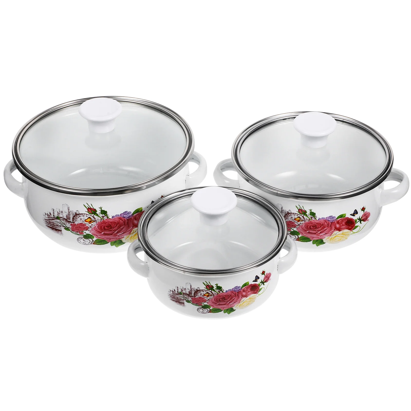 

3Pcs Flat Bottom Stockpot Enamel Cooking Pot Stackable Soup Pots Kitchen Cooking Utensils(Random Pattern