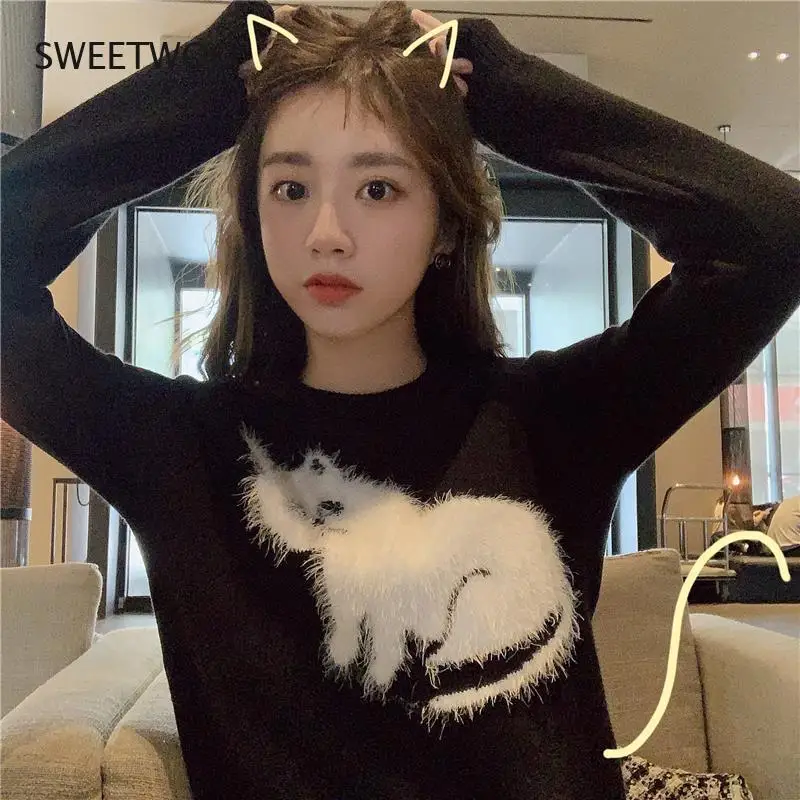 

Knitted Cat Pattern Black Sweater Round Collar Long Sleeve Fashionable Autumn Women Clothing Soft Pullover Women Thin Sweaters