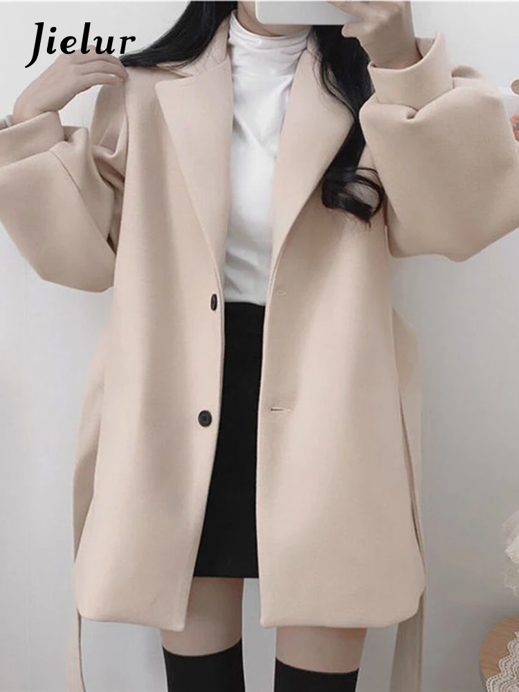 

Jielur Autumn Loose New Korean Trench Woman Casual Solid Color Sweet Trench Female Black Apricot Simple Basic Chicly Women Top