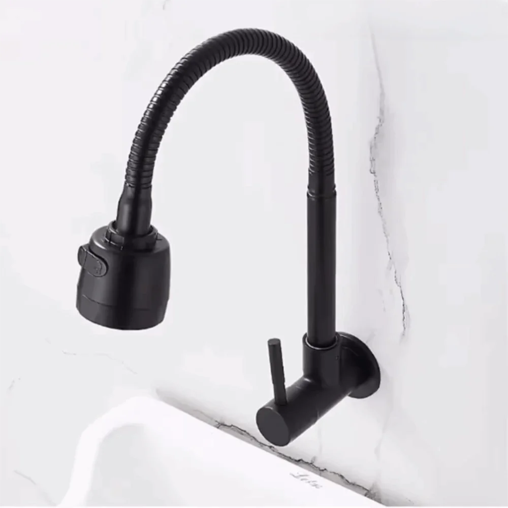 Wall Mounted Flexible Hose Kitchen Faucet Stainless Steel Rotatable Sink Faucet 2 Modes Black Water Tap Nozzle Restaurant