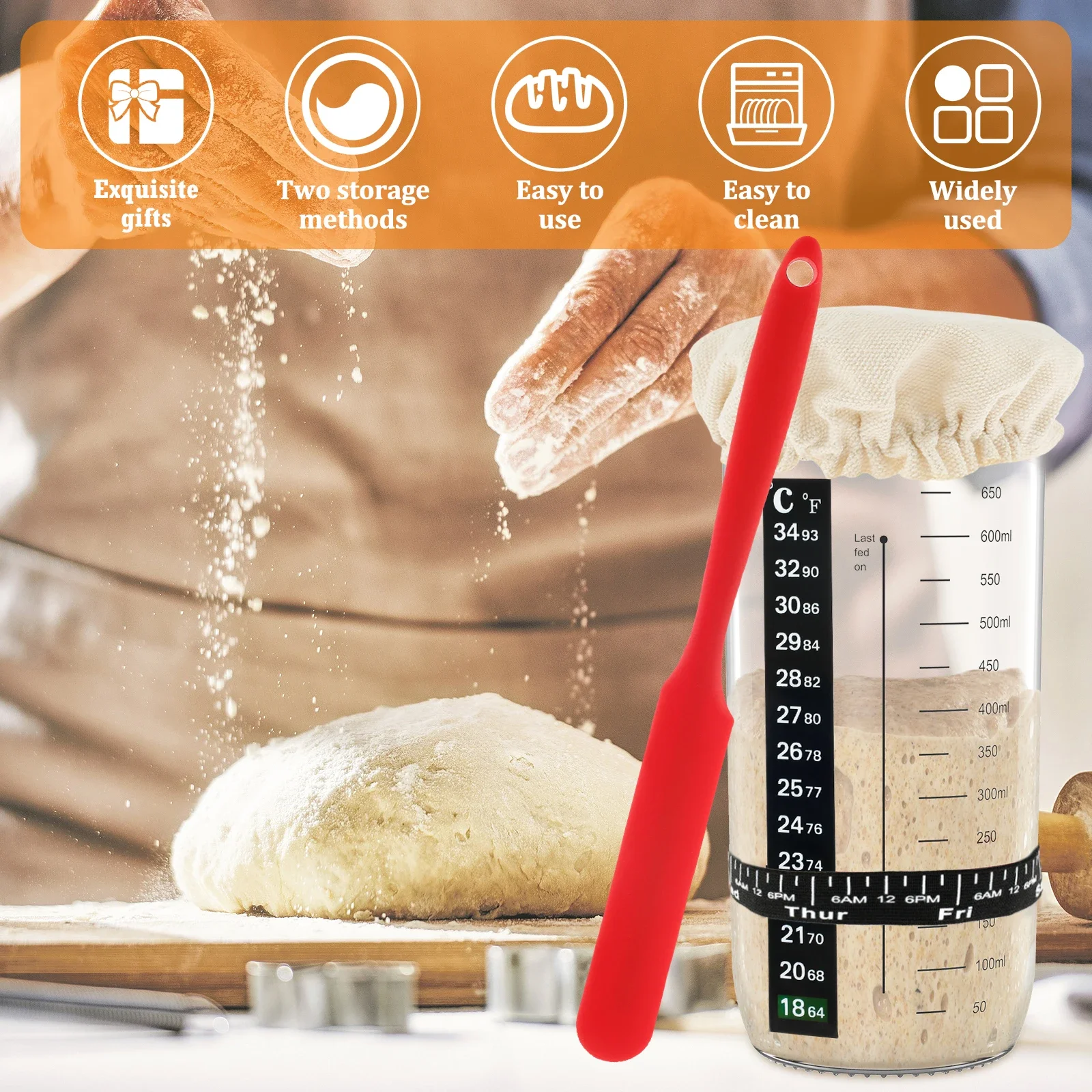 7Pcs Sourdough Starter Accessories Kit with Cloth Cap Silicone Spatula Date Band and Temperature Paper Sourdough Starter Jar