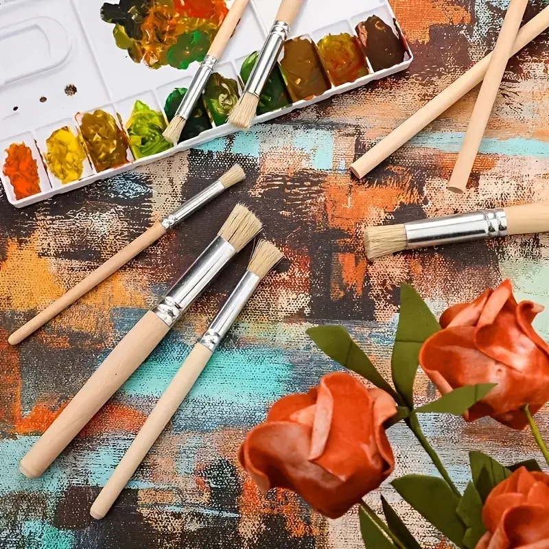 Set of 6 Stencil Paint Brushes with Bristle Hair And Wooden Handles, Ideal for DIY Crafts Including Watercolor, Oil, And Acrylic 5