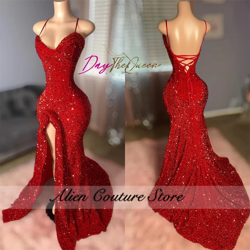 Luxury Red Sequins Long Prom Dresses Beading Crystal Elegant Party Dress Vestidos Birthday Dress Split Lace-up Customized