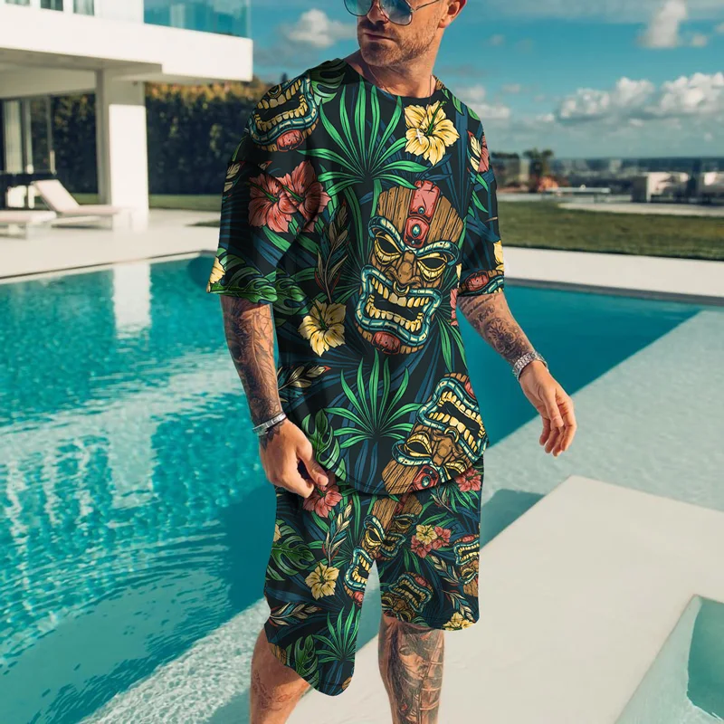 

Hawaii Pattern 3D Print Men's Round Neck T-shirt Sets Summer Casual T-Shirt Shorts Two Piece Set Oversized Tracksuit Man Clothes