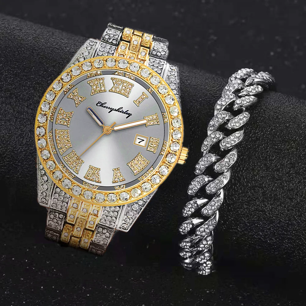 2pcs Full Iced Out Watches Men Miami Cuban Bracelet Bling Bling Luxury Watch Jewelry for Men Gold Watch Men Watch Set Clock Gift
